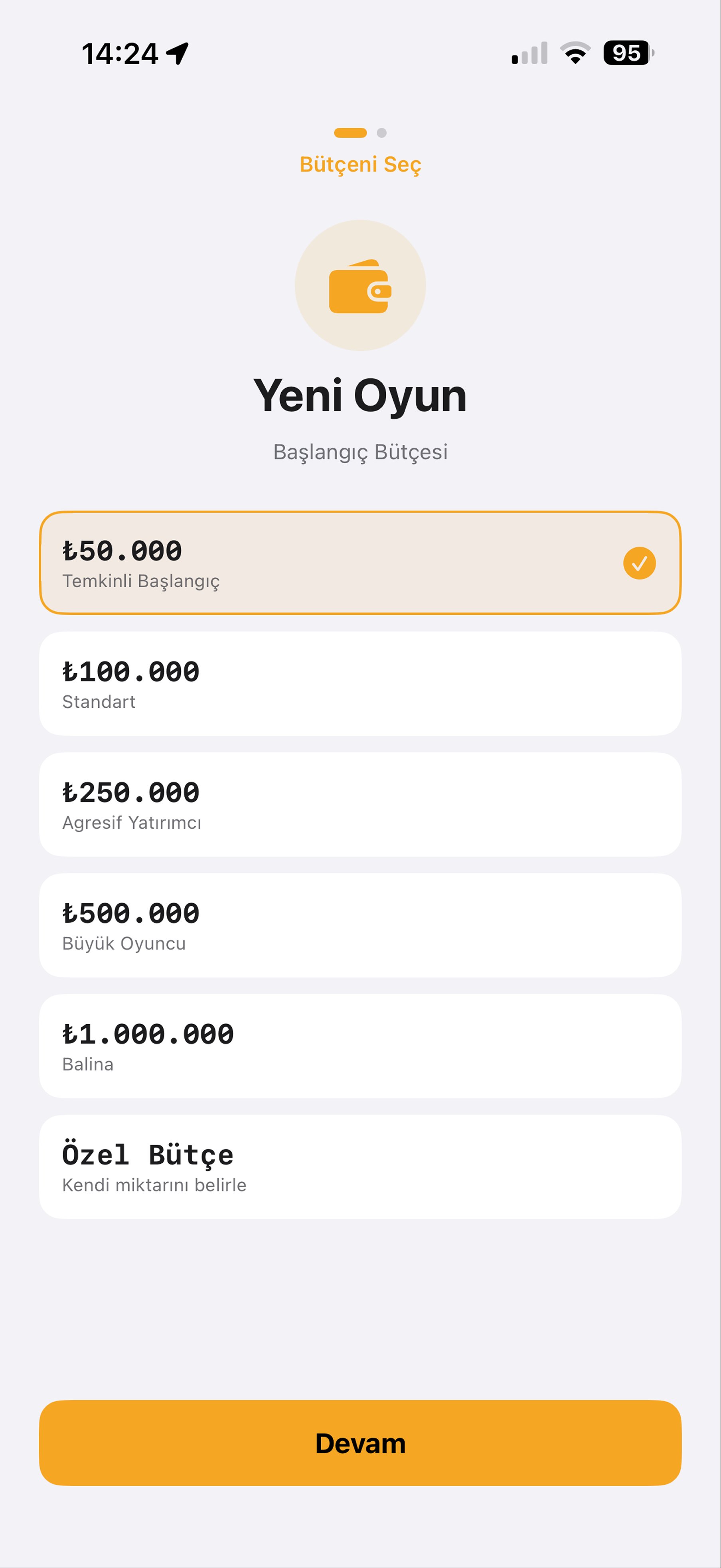 Bütçe seçim ekranı